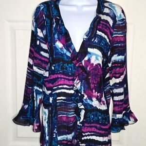 Ruffled Blue and Purple Blouse with Buttoned Front